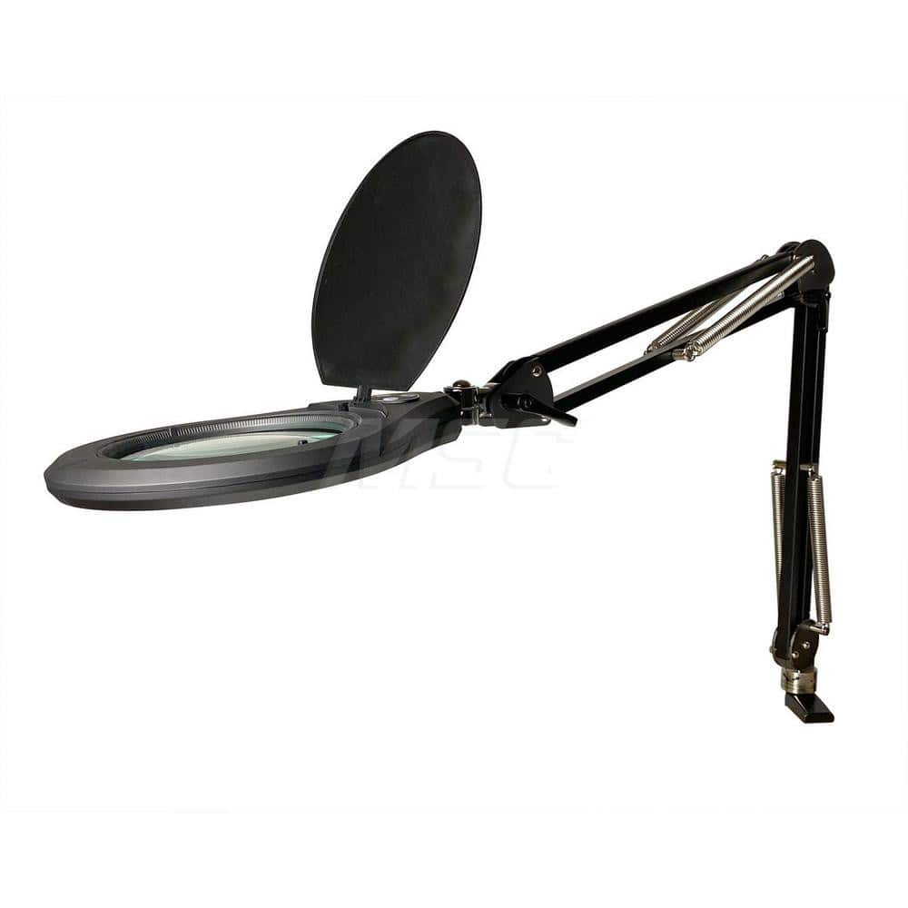 Task Light: LED, 45″ Reach, Swing Arm, Table Edge Clamp, Black 120V, 8 Watts, 2.25x Magnification, 6″ Wide, 6″ Long