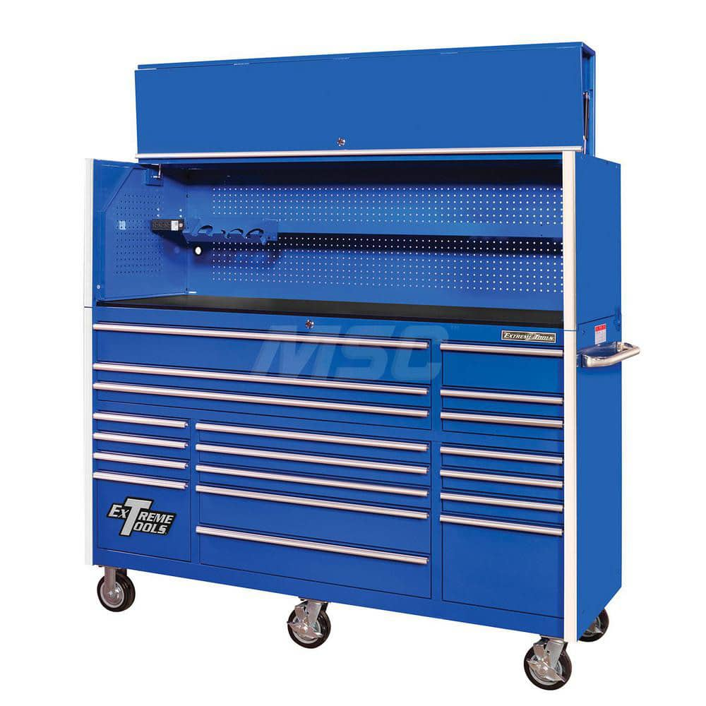 Tool Storage Combos & Systems; Type: Roller Cabinet with Hutch Combo; Drawers Range: 16 Drawers or More; Number of Pieces: 2.000; Width Range: 72″ and Wider; Depth Range: 24″ - 29.9″; Height Range: 60″ and Higher; Color: Combo Blue with Chrome Trim; Type: