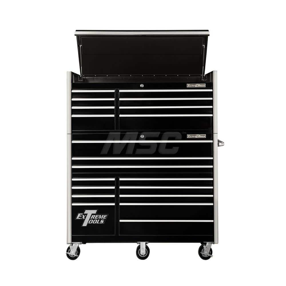 Tool Storage Combos & Systems; Type: Roller Cabinet with Hutch Combo; Drawers Range: 16 Drawers or More; Number of Pieces: 2.000; Width Range: 48″ - 71.9″; Depth Range: 24″ - 29.9″; Height Range: 60″ and Higher; Color: Combo Black with Chrome Trim; Type: