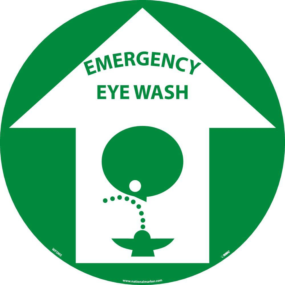 NMC - Adhesive Backed Floor Signs; Message Type: Restroom, Janitorial & Housekeeping ; Graphic Type: Head over Eye Wash ; Message or Graphic: Message & Graphic ; Legend: Emergency Eyewash ; Color: Green; White ; Special Color Properties: No Special Prope - Exact Industrial Supply