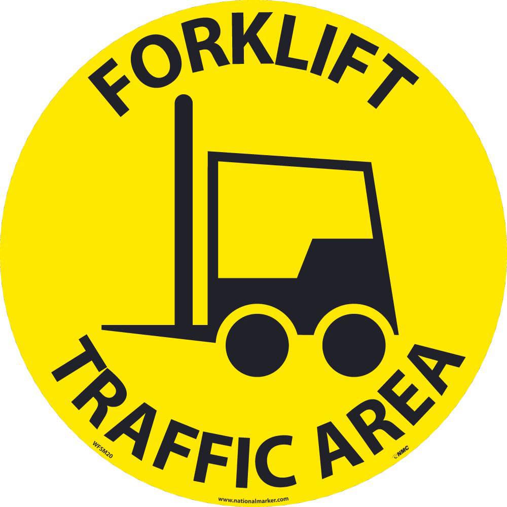 NMC - Adhesive Backed Floor Signs; Message Type: Accident Prevention ; Graphic Type: Truck ; Legend: Forklift Traffic Area ; Color: Black; Yellow ; Special Color Properties: No Special Properties ; Shape: Round - Exact Industrial Supply