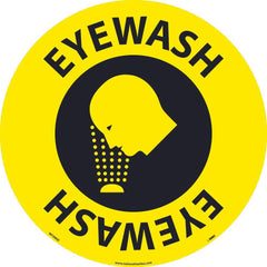 NMC - Adhesive Backed Floor Signs; Message Type: Restroom, Janitorial & Housekeeping ; Graphic Type: Head over Eye Wash ; Message or Graphic: Message & Graphic ; Legend: Emergency Eyewash ; Color: Black; Yellow ; Special Color Properties: No Special Prop - Exact Industrial Supply