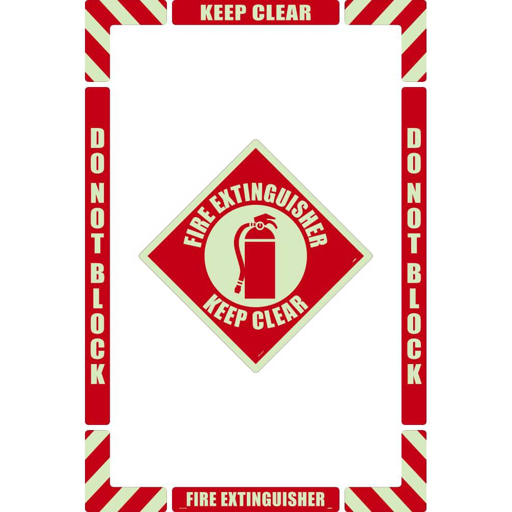 NMC - Adhesive Backed Floor Signs; Message Type: Accident Prevention ; Graphic Type: Fire Extinguisher ; Message or Graphic: Message & Graphic ; Legend: Fire Extinguisher Keep Clear ; Color: Red on Glow ; Special Color Properties: Glow-In-The-Dark - Exact Industrial Supply