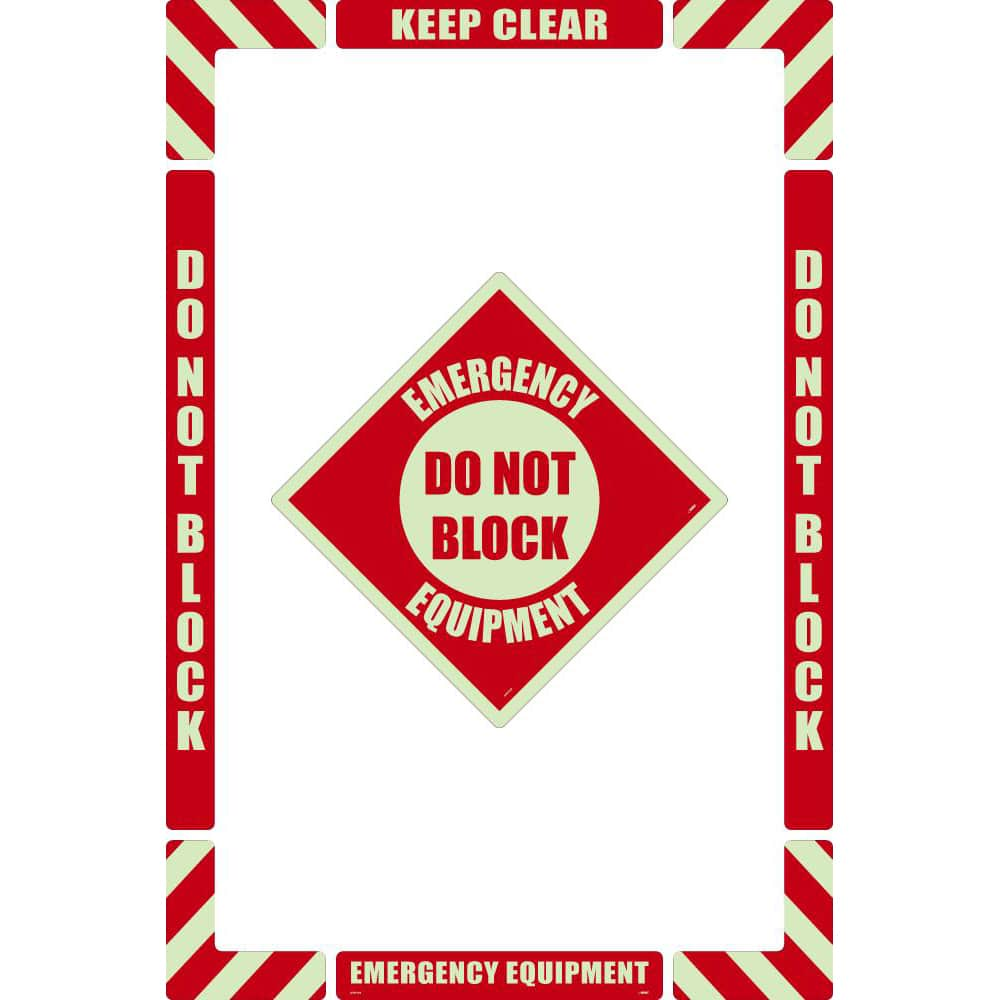 NMC - Adhesive Backed Floor Signs; Message Type: Accident Prevention ; Graphic Type: None ; Message or Graphic: Message Only ; Legend: Emergency Equipment Do Not Block ; Color: Red on Glow ; Special Color Properties: Glow-In-The-Dark - Exact Industrial Supply