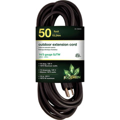 GoGreen Power - Power Cords; Cord Type: Extension Cord ; Overall Length (Feet): 50 ; Cord Color: Black ; Amperage: 15 ; Voltage: 125 ; Wire Gauge/Number of Conductors: 14/3 - Exact Industrial Supply