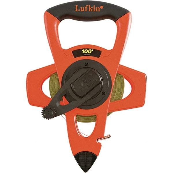 Lufkin - 200' x 1/2" Yellow Steel Blade Tape Measure - 1, 1/10 & 1/100" Graduation, Inch Graduation Style, Orange/Black Vinyl Clad Steel Case - Caliber Tooling