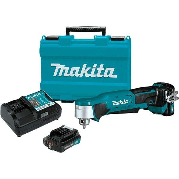 Makita - 12 Volt 3/8" Chuck Right Angle Handle Cordless Drill - 0-1100 RPM, Keyless Chuck, Reversible, 2 Lithium-Ion Batteries Included - Caliber Tooling