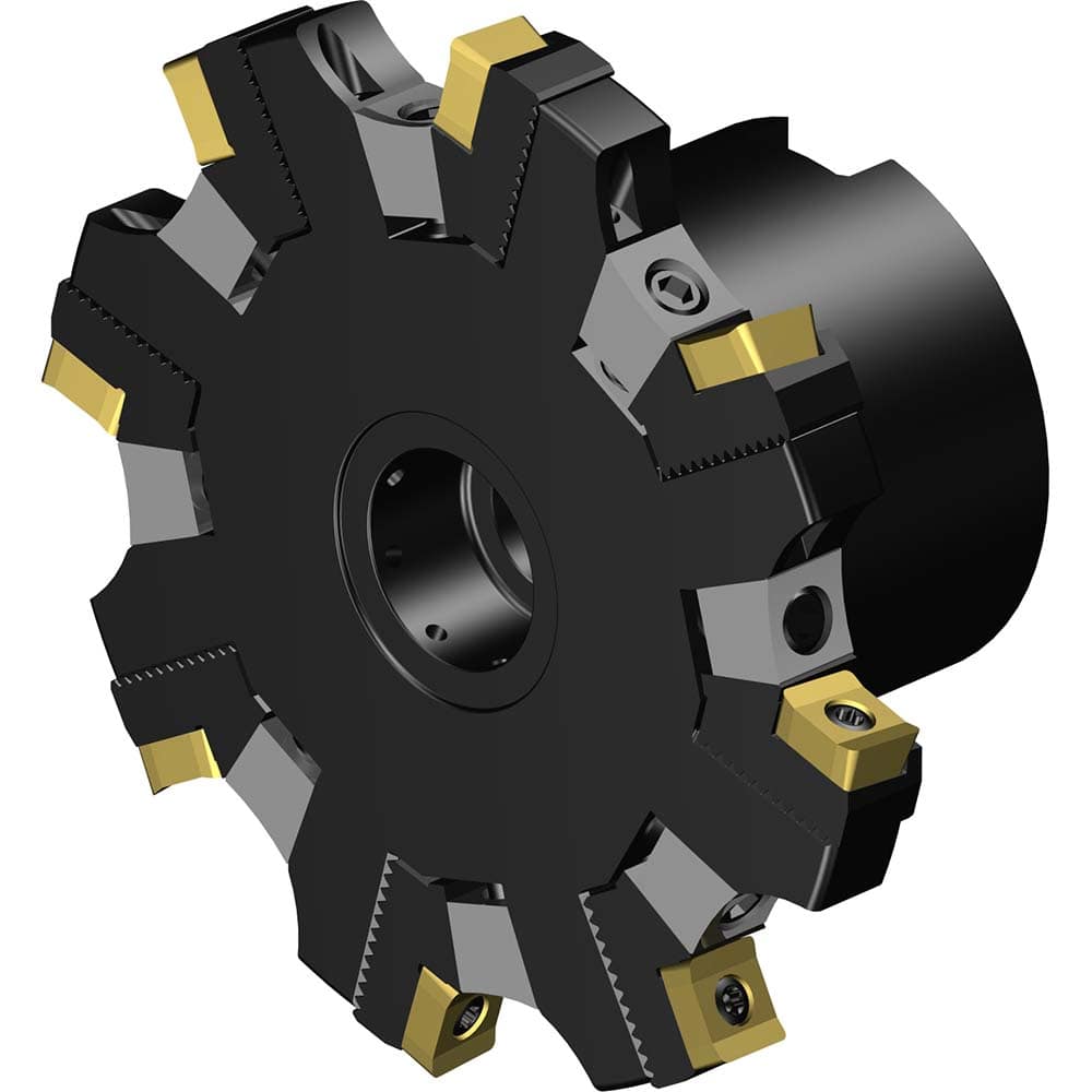 Indexable Slotting Cutter: 100 mm Cutter Dia, Arbor Hole Connection, 7.6 mm Depth of Cut, 27 mm Hole, Right Hand Cut Screw & Clamp, Uses 8 R331.1A Inserts, 8 Teeth, Through Coolant