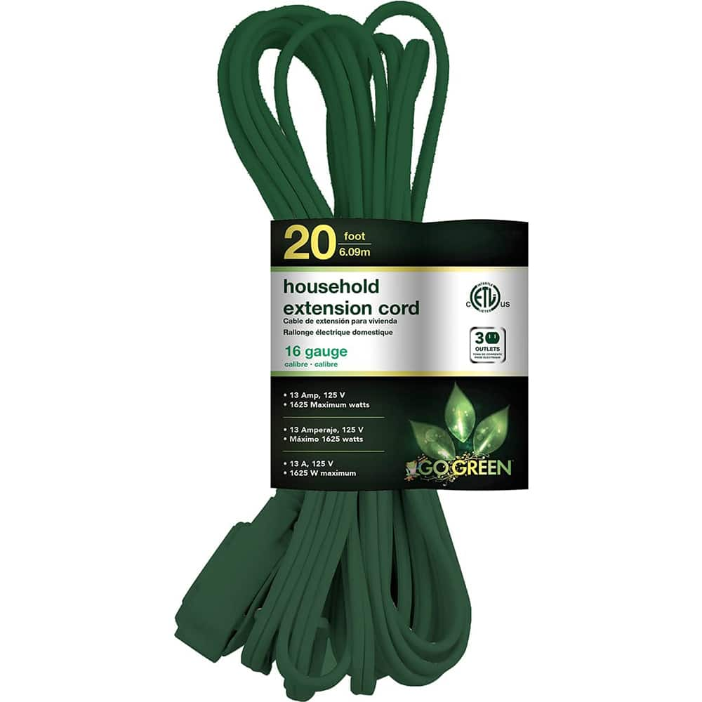 GoGreen Power - Power Cords; Cord Type: Extension Cord ; Overall Length (Feet): 20 ; Cord Color: Green ; Amperage: 13 ; Voltage: 125 ; Wire Gauge/Number of Conductors: 16/2 - Exact Industrial Supply