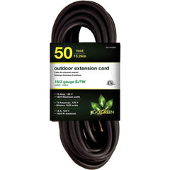 GoGreen Power - Power Cords; Cord Type: Extension Cord ; Overall Length (Feet): 50 ; Cord Color: Black ; Amperage: 13 ; Voltage: 125 ; Wire Gauge/Number of Conductors: 16/3 - Exact Industrial Supply