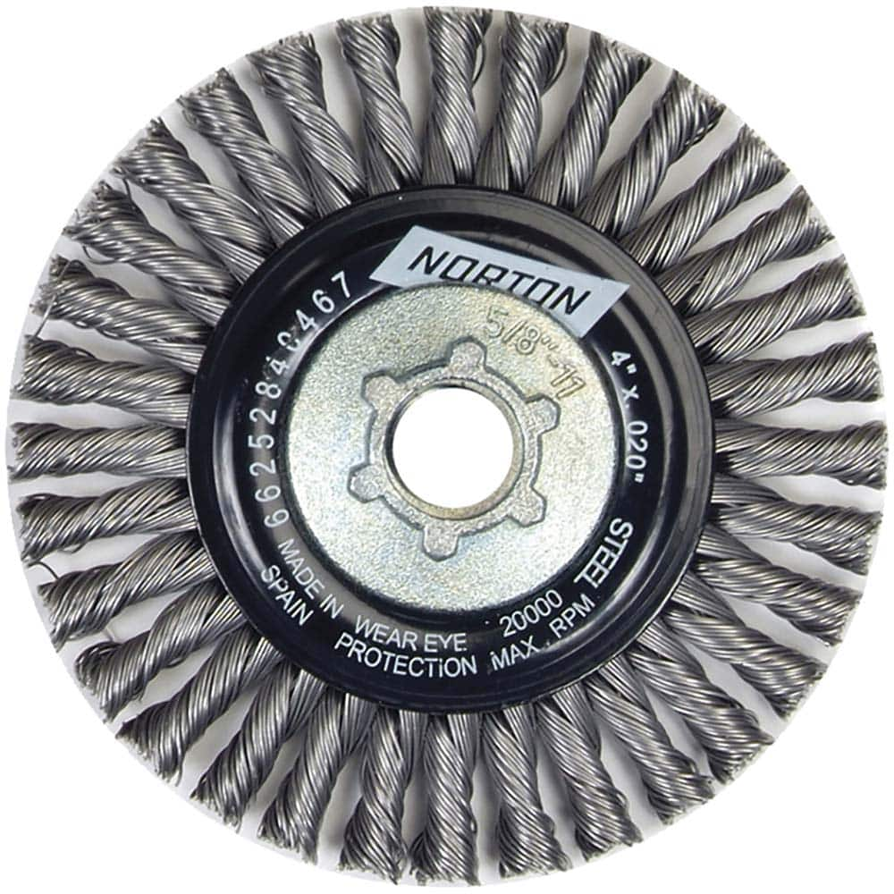 Norton - 4" OD, 5/8-11 Arbor Hole, Stringer Bead Twist Knot Carbon Wheel Brush - Caliber Tooling