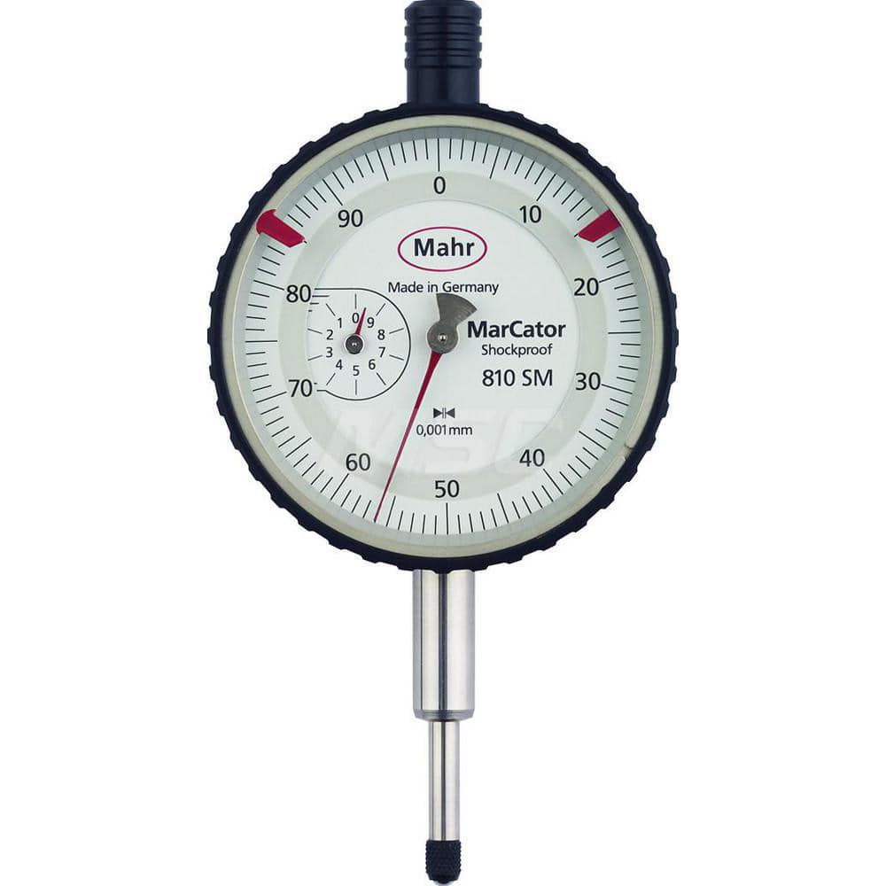 Mahr - Dial Drop Indicators; Maximum Measurement (Inch): 0.2 ; Maximum Measurement (mm): 5.00 ; Dial Graduation (mm): 0.0010 ; Dial Graduation (Decimal Inch): 3.900000 ; Dial Reading: 0-100-0 ; Dial Diameter (mm): 50.00 - Exact Industrial Supply