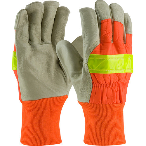 ‎125-448/L Leather Palm Gloves - Hi-Vis Fabric - 3M Thinsulate Lining - Top Grain Pigskin - KW