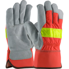 ‎125-7563/L Leather Palm Gloves - Hi-Vis Fabric - Select Shoulder Split Leather Palm - Rubberized SC