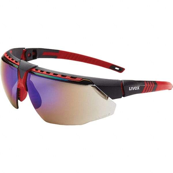 Uvex - Blue Mirror Lenses, Framed Safety Glasses - Scratch Resistant, Red Frame, Adjustable Temples, Size Universal, Wrap Around - Caliber Tooling