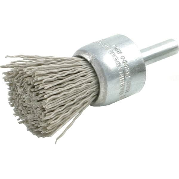 Brush Research Mfg. - 320 Grit, 1" Brush Diam, Crimped, End Brush - Medium Grade, 1/4" Diam Steel Shank, 20,000 Max RPM - Caliber Tooling