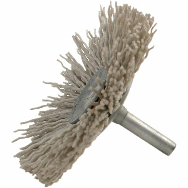 Brush Research Mfg. - 120 Grit, 1-1/2" Brush Diam, Crimped, Flared End Brush - Medium Grade, 1/4" Diam Steel Shank, 2,500 Max RPM - Caliber Tooling