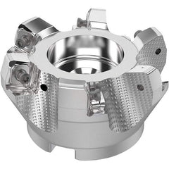 Seco - 80mm Cut Diam, 27mm Arbor Hole, 8mm Max Depth of Cut, 71° Indexable Chamfer & Angle Face Mill - 6 Inserts, SN.. Insert, Right Hand Cut, 6 Flutes, Through Coolant, Series R220.56 - Caliber Tooling