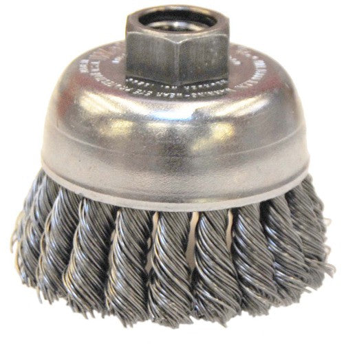 2-3/4″ Single Row Knot Wire Cup Brush, .020″ Steel Fill, 5/8″-11 UNC Nut - Caliber Tooling