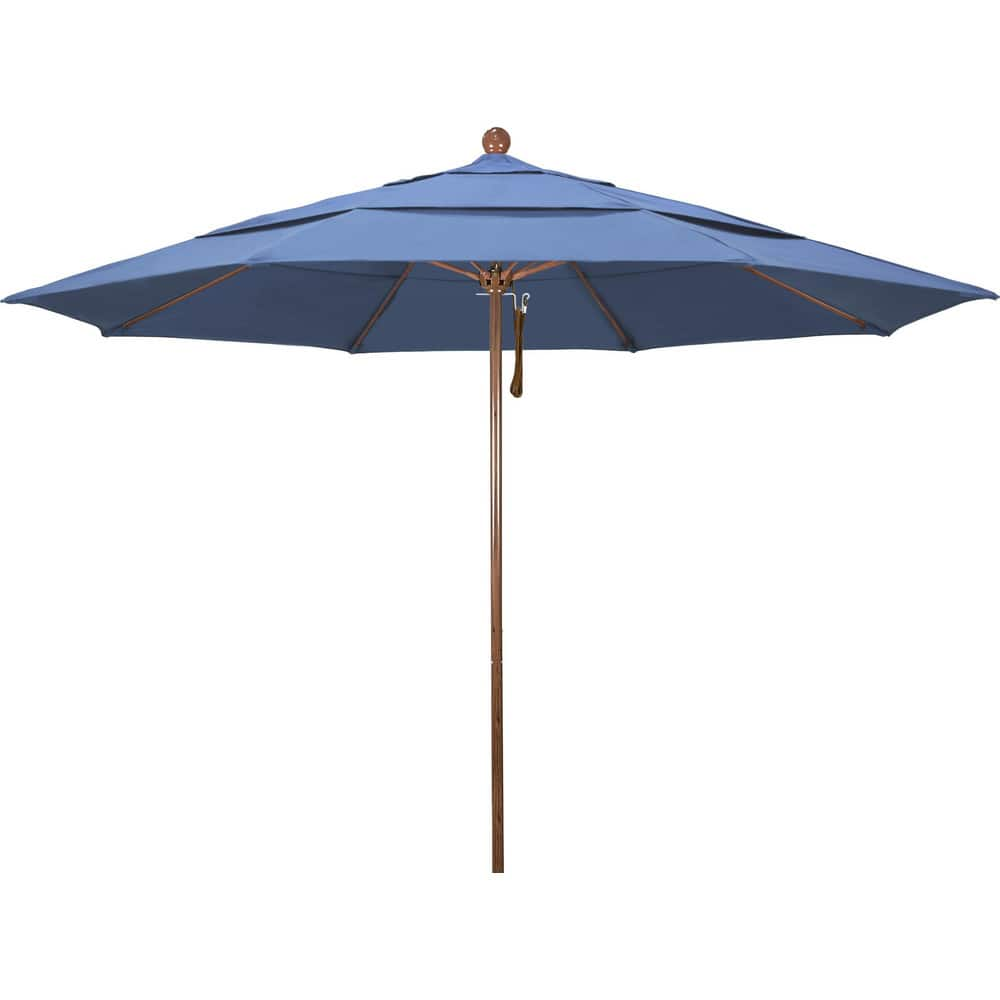 Patio Umbrellas; Diameter (Feet): 11; Height (Feet): 8.917; Fabric Color: Frost Blue; Base Included: No; Canopy Fabric: Olefin; Fade Resistant: Yes; Additional Information: Pulley Lift; Frame Material: Aluminum