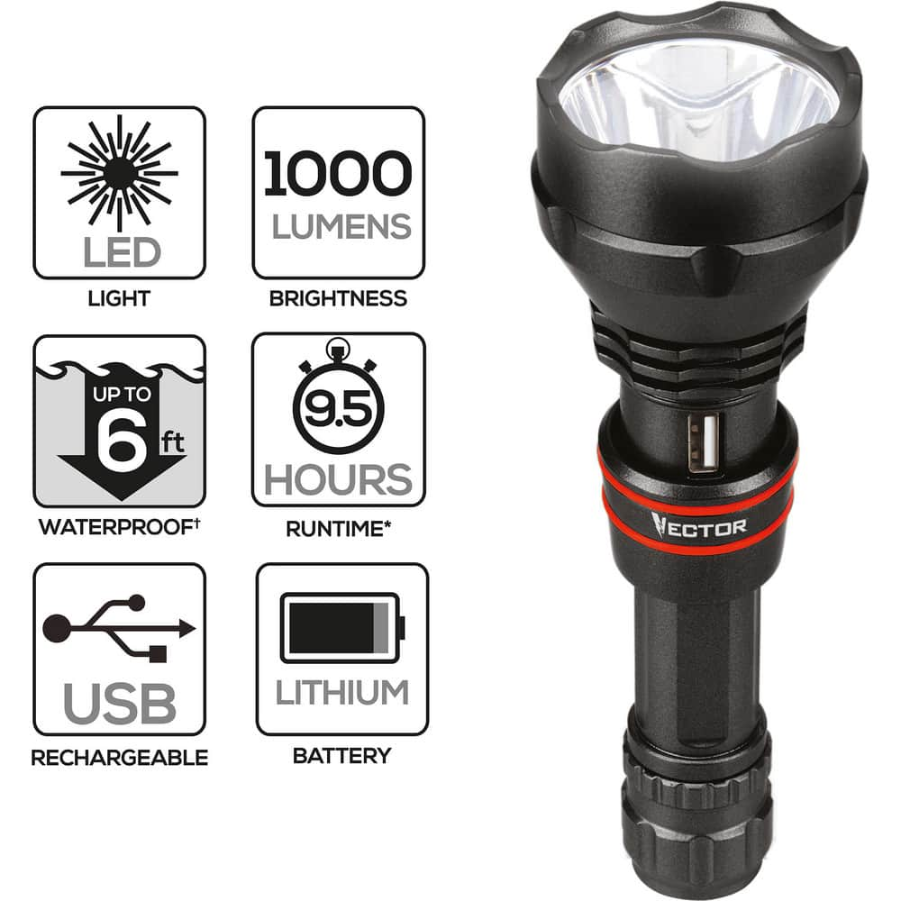 Handheld Flashlight: LED, 1,000 Lumens 3 Light Modes, Black