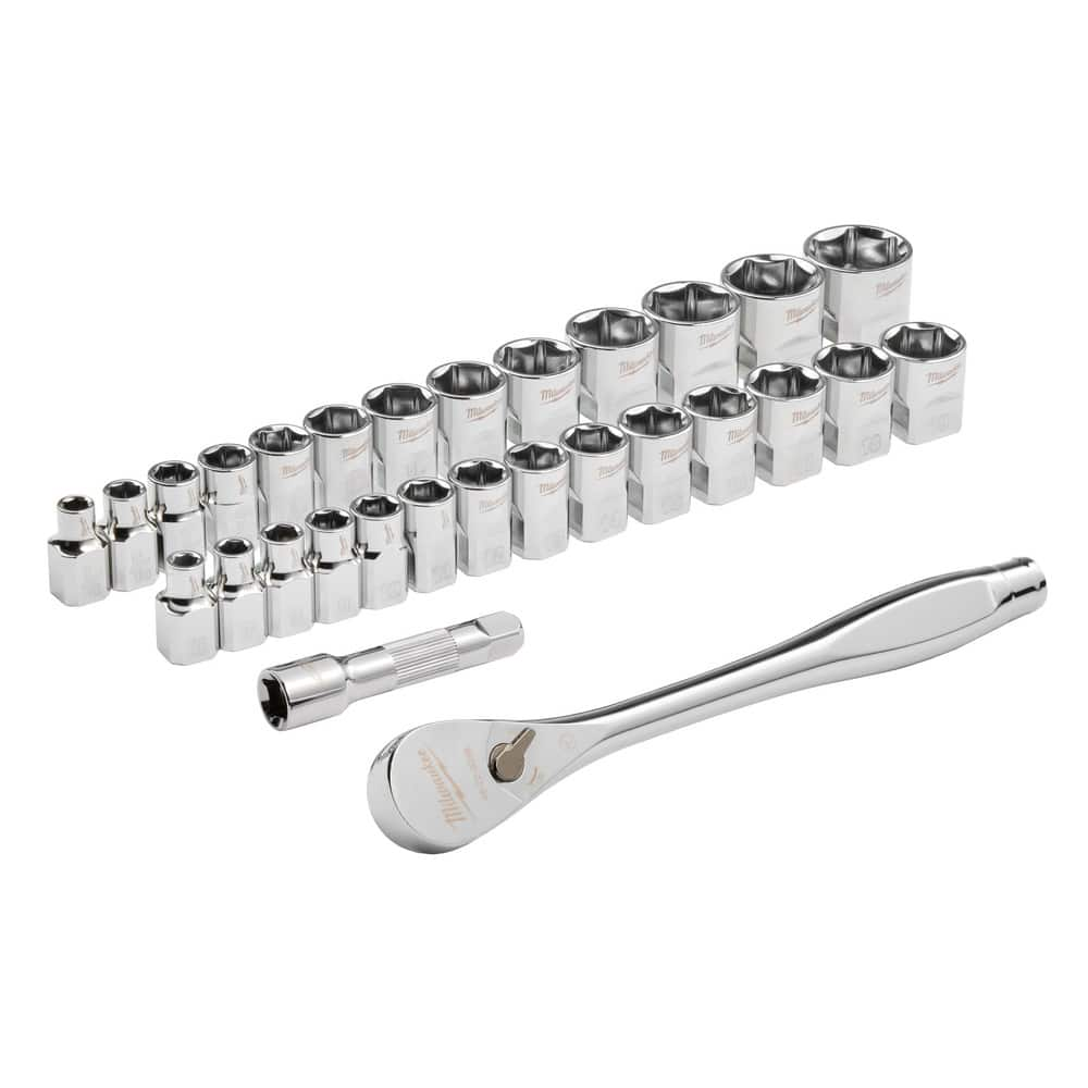 Ratchet Socket Set: 29 Pc, 3/8″ Drive 4 Point, Chrome-Plated