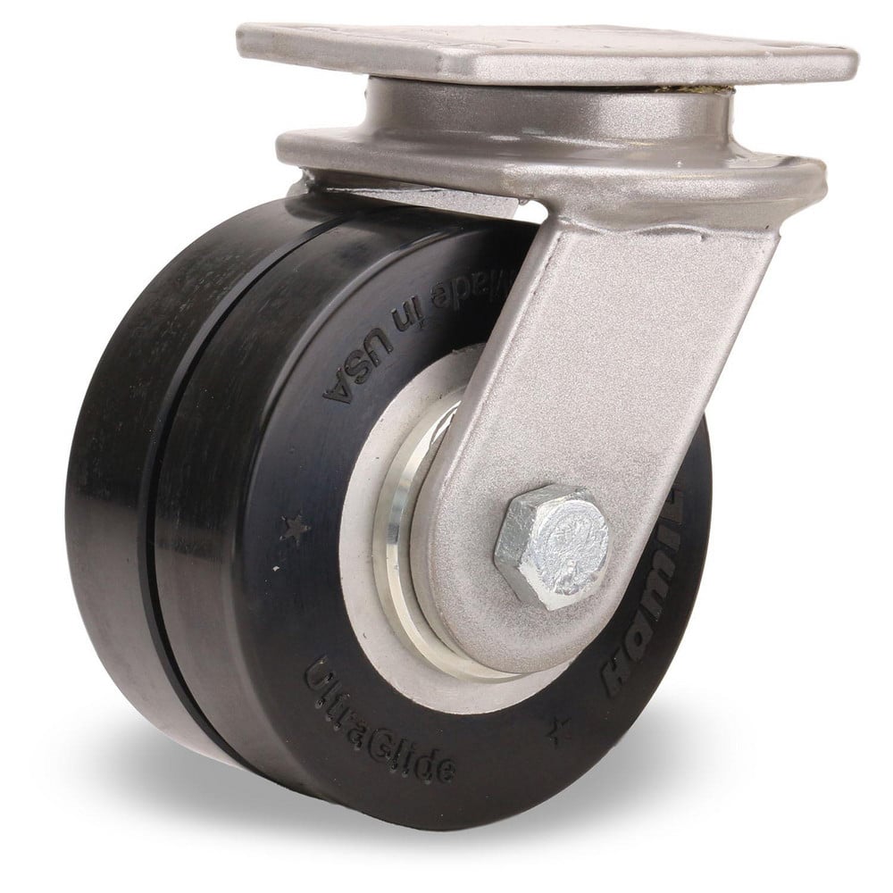 Swivel Top Plate Caster: Polyurethane on Aluminum, 4″ Wheel Dia, 2″ Wheel Width, 1,000 lb Capacity, 5-1/8″ OAH 3.625″ Plate Length, 2.5″ Plate Width, Non-Marking