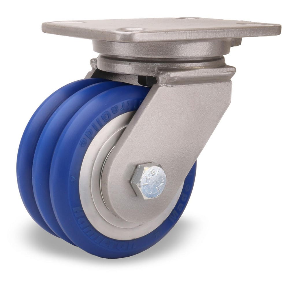 Swivel Top Plate Caster: Polyurethane on Aluminum, 6″ Wheel Dia, 2″ Wheel Width, 2,200 lb Capacity, 8″ OAH 7.25″ Plate Length, 5.25″ Plate Width, Non-Marking