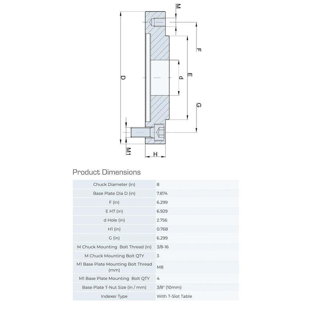 Lathe Chuck Adapter Back Plates; Nominal Chuck Size: 8 in; Mount Type: Slotted Table; Spindle Nose Type: Slotted Table; Chuck Compatibility: 1-105-0801; 1-202-0801; 1-201-0801; 1-203-0801; Through-hole Diameter: 2.362 in; Chuck Diameter Compatibility: 8 i