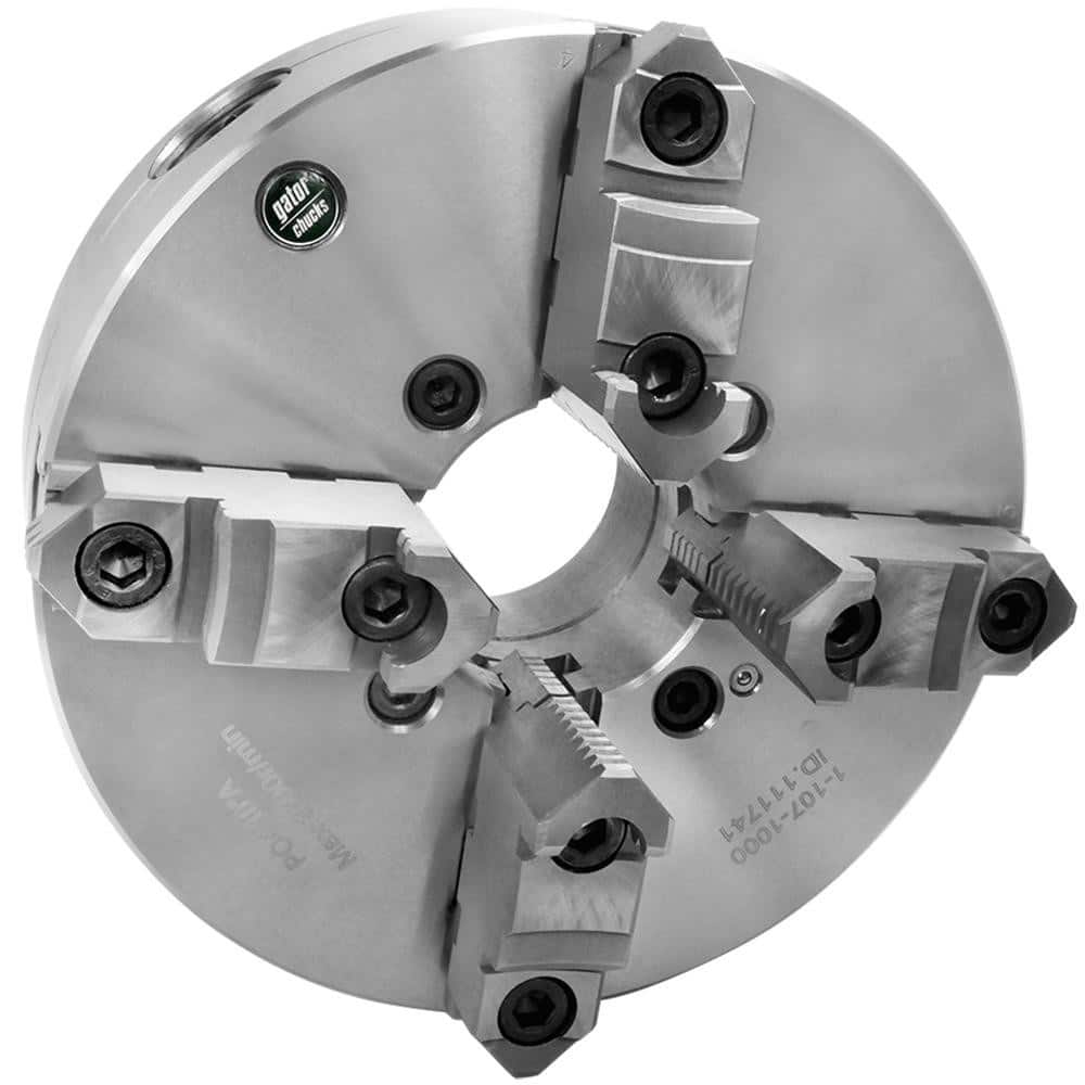 Self-Centering Manual Lathe Chuck: 4-Jaw,  10″ Dia Two-Piece Jaws, Plain Back Mount, 3,500 Max RPM