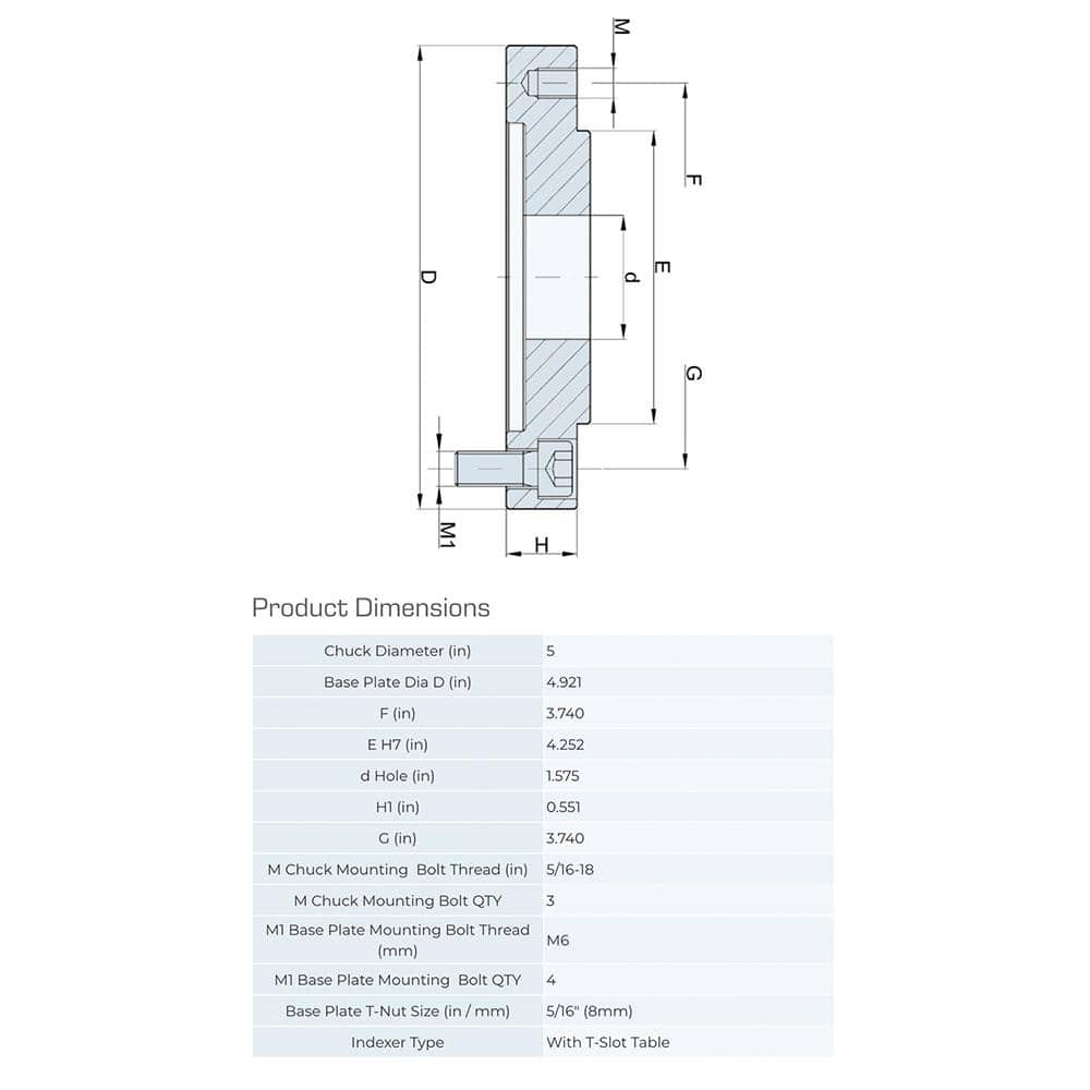 Lathe Chuck Adapter Back Plates; Nominal Chuck Size: 5 in; Mount Type: Slotted Table; Spindle Nose Type: Slotted Table; Chuck Compatibility: 1-202-0501; 1-105-0501; 1-401-0500; 1-201-0501; 1-203-0501; Through-hole Diameter: 1.875 in; Chuck Diameter Compat