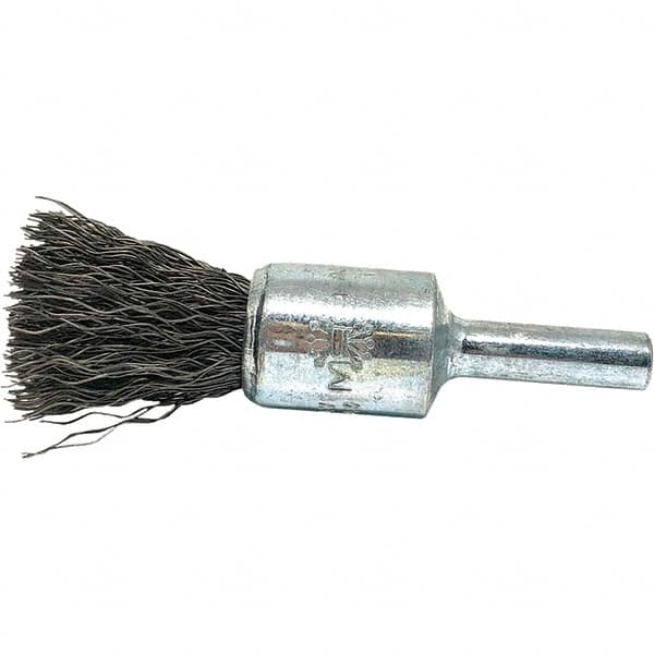 Brush Research Mfg. - 1/2" Brush Diam, Crimped, End Brush - 1/4" Diam Steel Shank, 20,000 Max RPM - Caliber Tooling