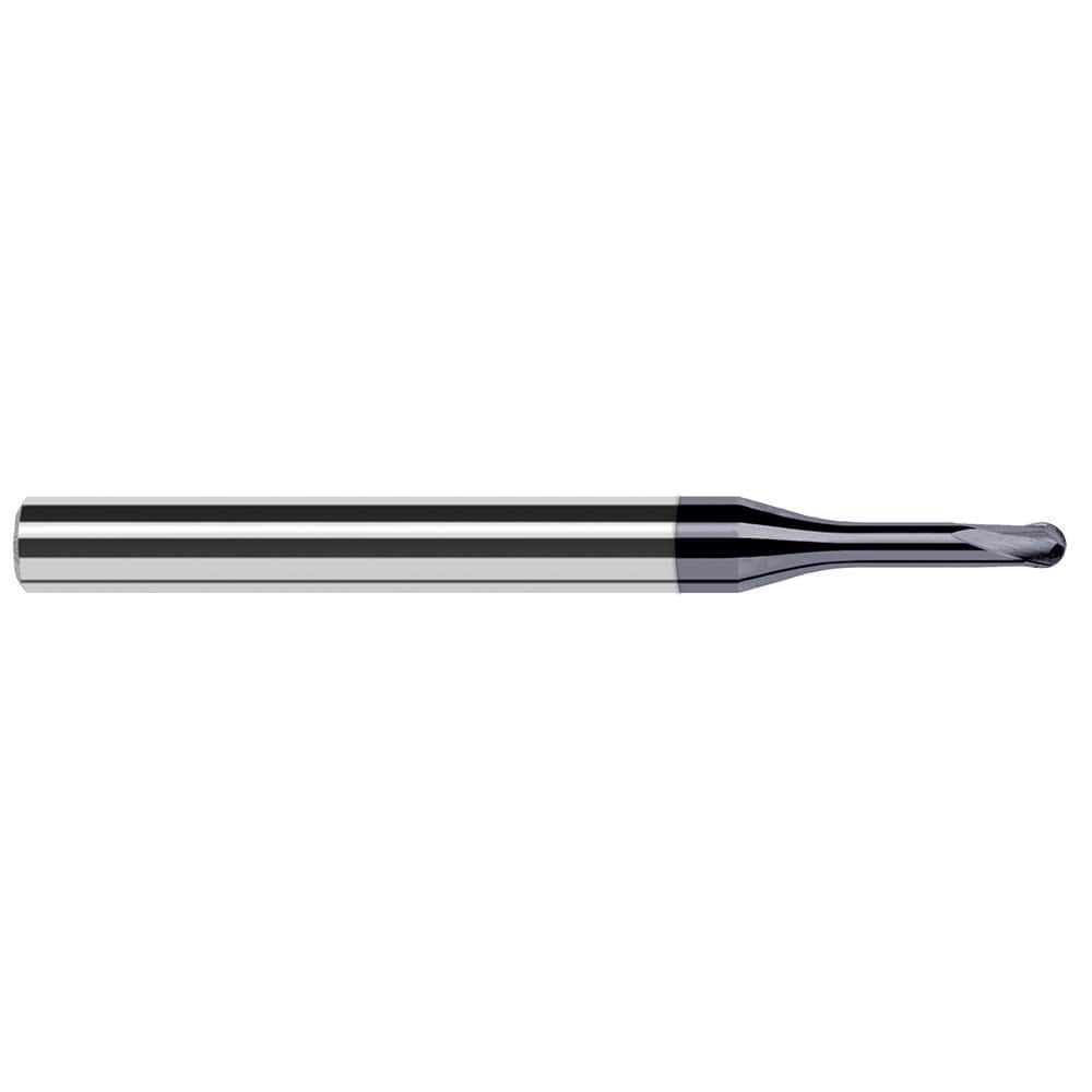 Ball End Mill: 0.078″ Dia, 0.062″ LOC, 2 Flute, Solid Carbide 2-1/2″ OAL, 1/4″ Shank Dia, 20 ° Helix, AlTiN Coated, Single End