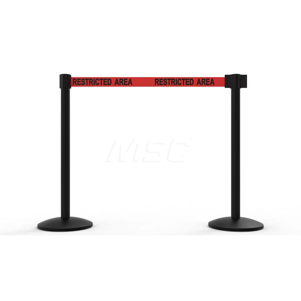 Free Standing Retractable Belt Barrier Post: 40″ High, 2.4″ Dia, Aluminum Post Cast Iron, Black & Red