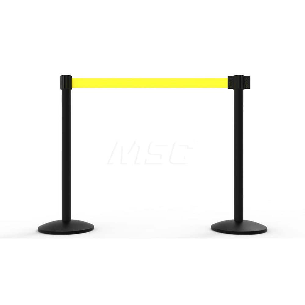 Free Standing Retractable Belt Barrier Post: 40″ High, 2.4″ Dia, Aluminum Post Cast Iron, Black & Yellow