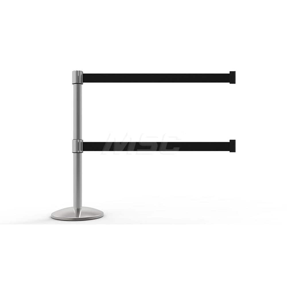 Free Standing Retractable Belt Barrier Post: 40″ High, 2.4″ Dia, Aluminum Post Cast Iron, Black & Silver