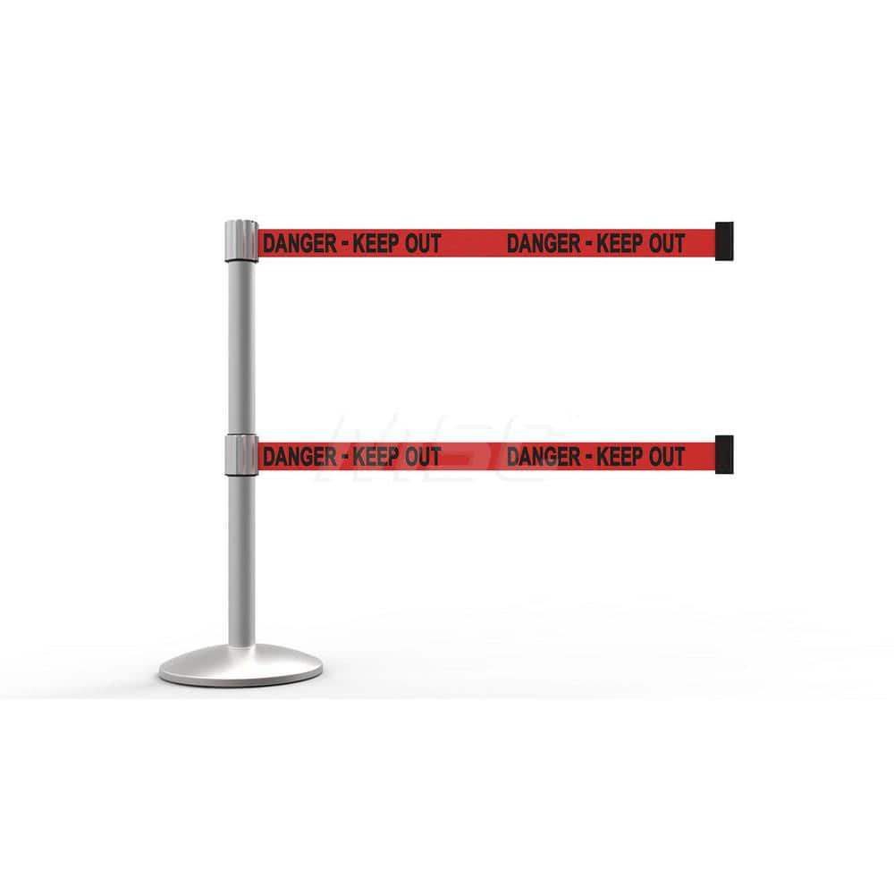 Free Standing Retractable Belt Barrier Post: 40″ High, 2.4″ Dia, Aluminum Post Cast Iron, Red & Silver