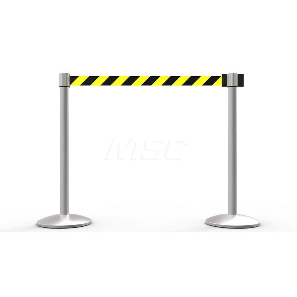 Free Standing Retractable Belt Barrier Post: 40″ High, 2.4″ Dia, Aluminum Post Cast Iron, Black, Silver & Yellow