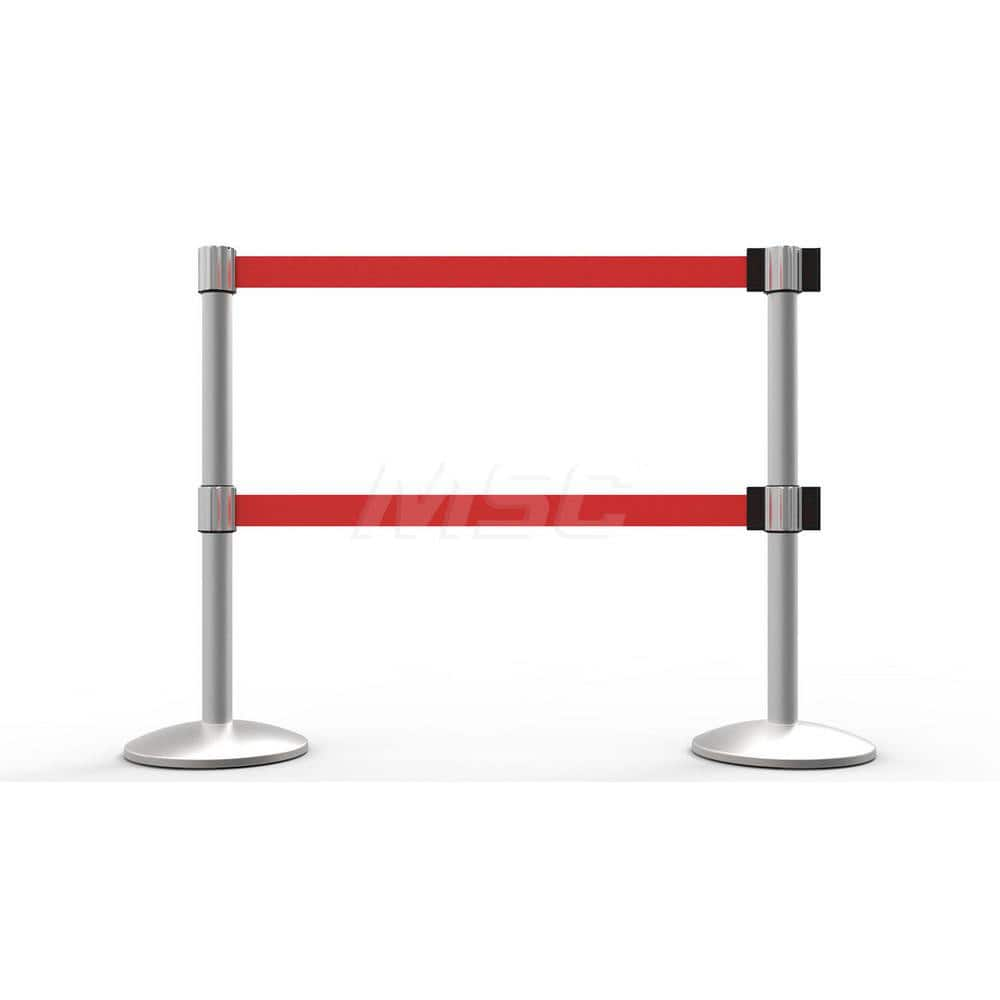 Free Standing Retractable Belt Barrier Post: 40″ High, 2.4″ Dia, Aluminum Post Cast Iron, Red & Silver