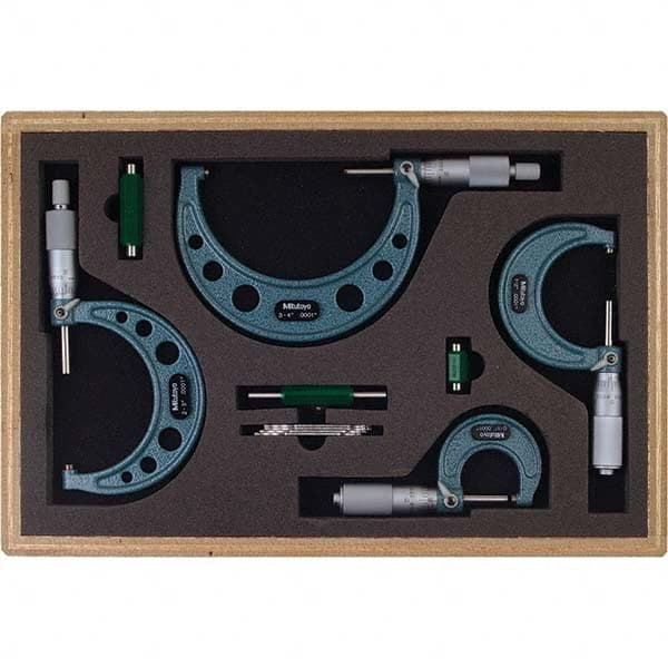 Mitutoyo - Mechanical Outside Micrometer Sets Minimum Measurement (Inch): 0 Maximum Measurement (Inch): 4.0000 - Caliber Tooling