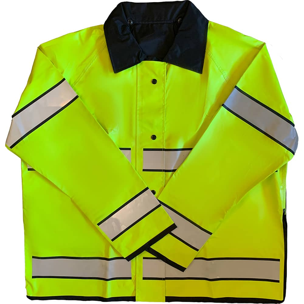 Louisiana Professional Wear - Rain & Chemical Wear; Garment Style: Rain Jacket ; Garment Type: High Visibility; Rain; Waterproof ; Material: Polyurethane/Nylon ; Size: Large ; Color: Fluorescent Yellow/Black ; Certification Type: ANSI/ISEA 107-2015 Type - Exact Industrial Supply