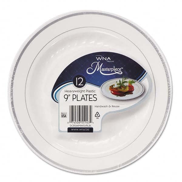 WNA - Masterpiece Plastic Plates, 9 in, White w/Silver Accents, Round, 120/Carton - Caliber Tooling