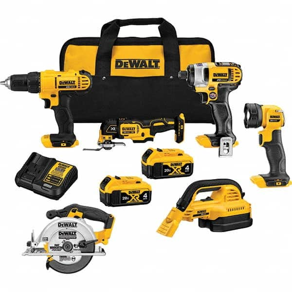 DeWALT - Cordless Tool Combination Kits Voltage: 20 Tools: 1/2" Drill/Driver; 1/4" Impact Driver; Wet-Dry Vacuum; Work Light; 6-1/2" Circular Saw; Oscillating Multi-Tool - Caliber Tooling