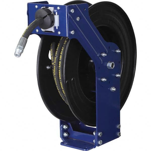 Hose Reel with Hose: 1/2″ ID Hose x 50', Spring Retractable 2,000 psi, 1/2″ Inlet, 1/2″ Outlet, Black & Blue