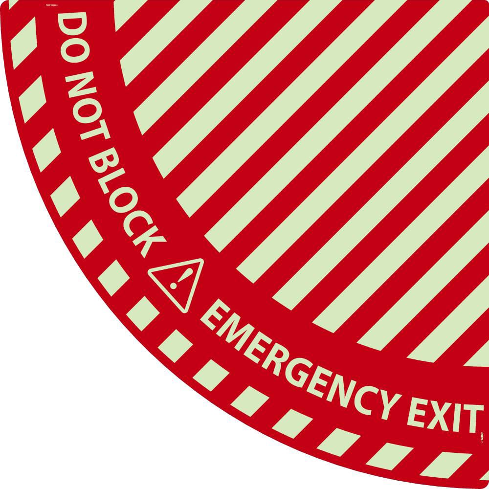 NMC - Adhesive Backed Floor Signs; Message Type: Exit, Entrance & Directional ; Graphic Type: Doorway ; Message or Graphic: EMERGENCY EXIT, DO NOT BLOCK ; Legend: EMERGENCY EXIT, DO NOT BLOCK ; Color: Red; White ; Special Color Properties: Glow in the Da - Exact Industrial Supply