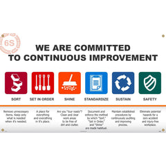 NMC - Banners; Message Type: Lean ; Legend: 6S WE ARE COMMITTED TO CONTINUOUS IMPROVEMENT SORT SET IN ORDER SHINE STANDARDIZE SUSTAIN SAFETY ; Graphic: 5s ; Material Type: Vinyl ; Language: English ; Length (Inch): 60 - Exact Industrial Supply