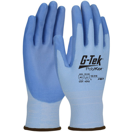 ‎16-318V/M Coated Gloves w/Polykor - G-Tek PolyKor - Blue 18G Seamless Knit - Blue PU Coating - A2 - Vend Pk - Exact Industrial Supply