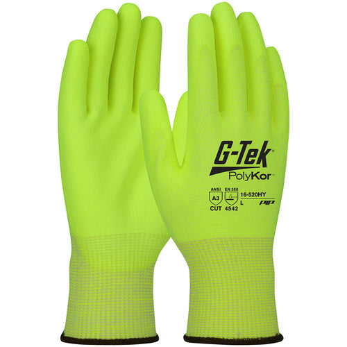 ‎16-520HY/L Coated Gloves w/Polykor - G-Tek PolyKor - Hi-Vis 13G Blended Shell - Hi-Vis Polyurethane Grip - A3 - Exact Industrial Supply