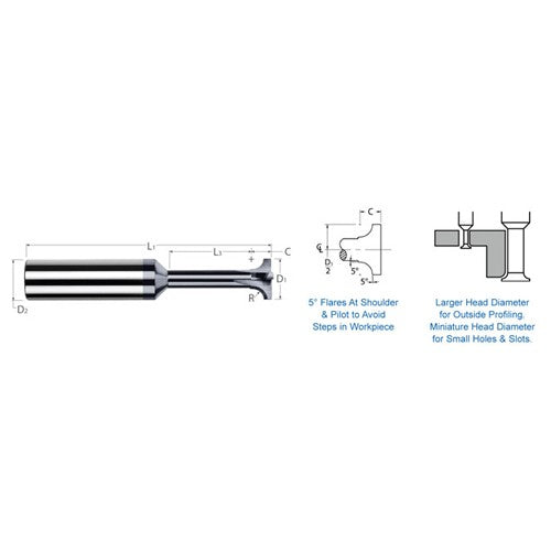 Corner Rounding End Mills - 0.0600″ Radius × 0.3125″ (5/16″) Head Diameter × 0.4370″ (7/16″) Neck Length Carbide 5° Flare Back Corner Rounding End Mill, 3 Flutes, AlTiN Coated - Exact Industrial Supply