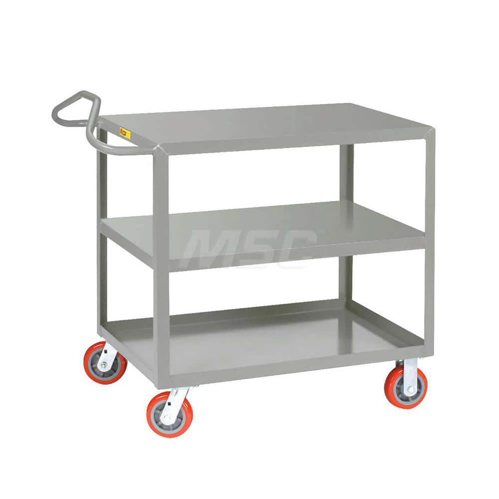 Shelf Utility Cart: 65.5″ OAL, 30″ OAW, 35″ OAH, Steel, Gray (2) Swivel & (2) Rigid, Replaceable Wheels, Polyurethane Wheels